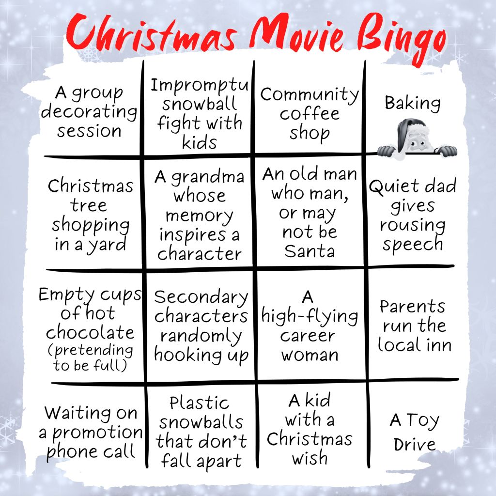 A bingo card of popular Christmas movie tropes including Christmas Tree shopping in a yard and an old man who just might be Santa